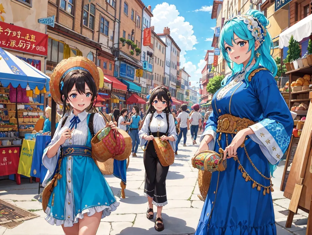 La imagen es una escena callejera en un pueblo de estilo europeo. La calle está bordeada de tiendas y hay gente caminando por ahí. Hay tres chicas en primer plano. Todas llevan vestidos azules. La chica del medio es el foco principal. Tiene el pelo azul largo y lleva un vestido azul con un delantal blanco. Lleva una cesta de flores. La chica de la izquierda tiene el pelo castaño y lleva un vestido azul con un delantal blanco. Lleva una cesta de comida. La chica de la derecha tiene el pelo verde y lleva un vestido azul con un delantal blanco. Lleva una cesta de pan. El fondo de la imagen es una calle con tiendas y gente caminando. También hay algunos árboles y edificios en el fondo.