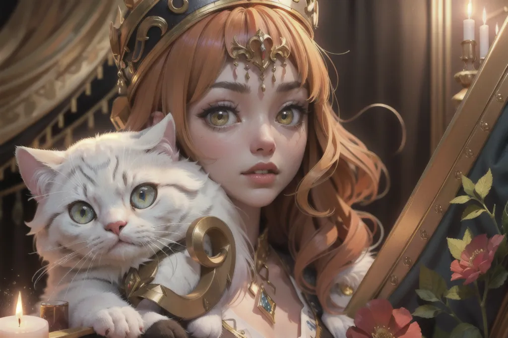 The image is of a beautiful young woman with long, flowing red hair. She is wearing a golden crown and a white dress with a golden necklace. She has a cat in her arms. The cat is white with blue eyes. The woman is sitting on a golden throne. There are red roses on the ground.