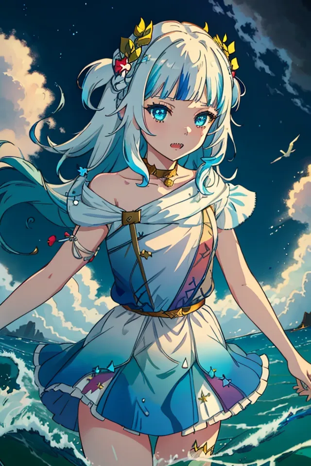 Ceci est une image d'une fille de style anime aux cheveux longs blancs et bleus. Elle porte une robe blanche et bleue avec un motif d'étoiles et un collier en or. Elle se tient dans l'océan, et les vagues éclaboussent autour d'elle. L'arrière-plan est un ciel bleu foncé avec des nuages blancs.