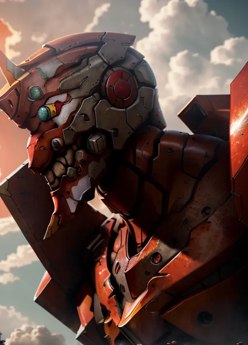 The image is a close-up of the head of a giant robot. The robot is red and has a metallic, armored appearance. Its eyes are glowing green and there is a large, circular opening on its chest. The background is a cloudy sky with a bright light source on the left side of the image. The robot's expression is one of determination and focus. It seems to be looking at something or someone with great intensity.