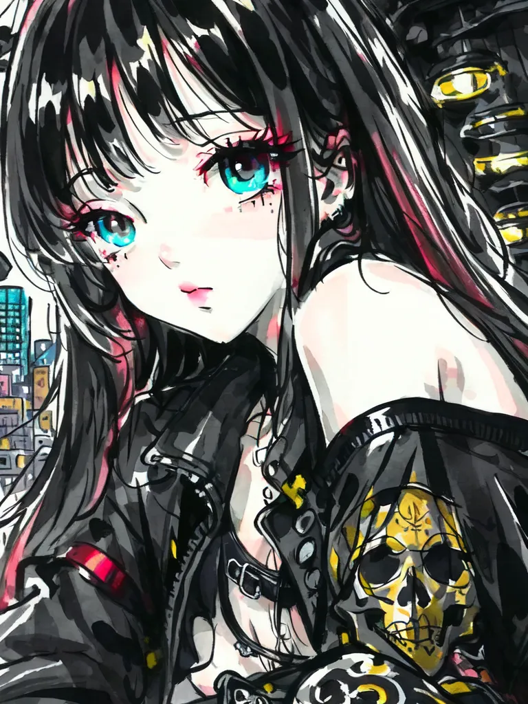 The image contains a young woman with long black hair and blue eyes. She is wearing a black leather jacket with a skull design on the back. The jacket is open, revealing a black top underneath. She is also wearing a pair of black headphones. The woman is standing in front of a city skyline. The background is blurred, but it appears to be daytime. The woman is looking at the viewer with a serious expression.