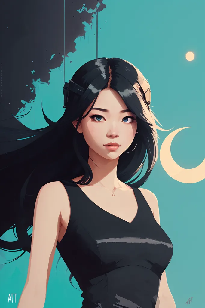 This is an illustration of a young woman with long black hair. She is wearing a black tank top and has a serious expression on her face. The background is a gradient of blue, with a crescent moon in the upper right corner.