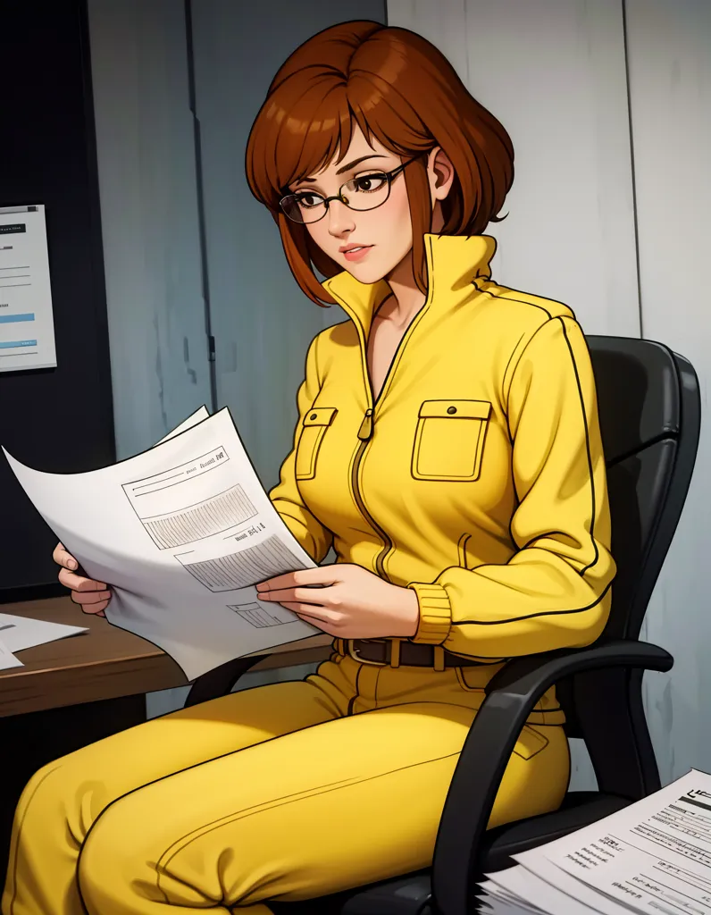 The image is of a young woman sitting in a chair in an office. She is wearing a yellow jumpsuit and glasses. She has brown hair and brown eyes. She is looking at a document. There are papers on the desk in front of her. The woman is sitting in a black leather chair with a high back. The chair is on wheels. The desk is made of wood and has a black top. The woman is wearing a yellow jumpsuit that is zipped up to her neck. The jumpsuit has two pockets on the chest and two pockets on the hips. She is also wearing a black belt. The woman's glasses are black and have a rectangular frame. She has a small nose and a slightly pointed chin. Her lips are full and she has a beauty mark on her left cheek. The woman is looking at a document that is printed on white paper. The document has a lot of text on it and the woman is reading it carefully. There are other papers on the desk in front of her. The papers are all printed on white paper and they all have a lot of text on them. The woman is sitting in a room that is decorated in a modern style. The walls are painted white and the floor is covered in carpet. There is a window in the background of the room and there are blinds on the window. The woman is sitting in a chair that is facing the window.