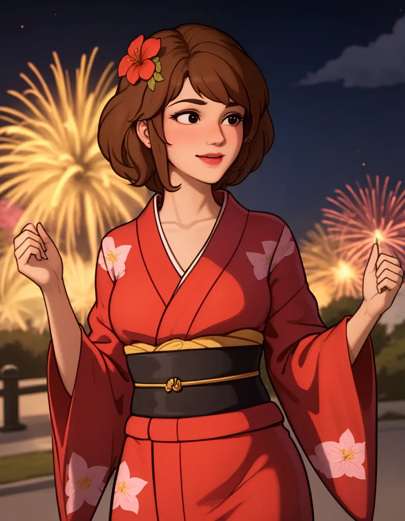 This is an image of a young woman wearing a red kimono with white and pink floral designs. The kimono is tied with a black obi sash. She has brown hair that is cut short and styled with bangs. She is wearing a red flower in her hair. The woman is standing in front of a night sky that is lit up with fireworks. She has a sparkler in each hand that she is holding up. She has a happy expression on her face.