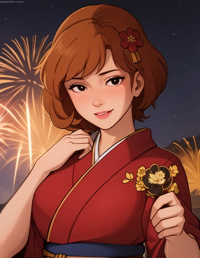 The picture shows a young woman, she has short brown hair and brown eyes. She is wearing a red kimono with a white obi. There are fireworks in the background.