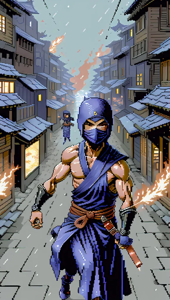 The image is a pixelated picture of a ninja running through a Japanese town. The ninja is wearing a blue outfit and a mask. He is carrying a sword. The town is made up of wooden houses and shops. There are people standing in the streets. The sky is dark and there are flames coming from the houses.