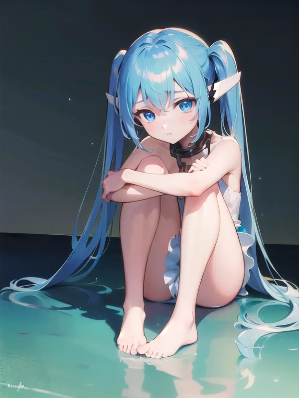 The image is a painting of a young girl with long blue hair and blue eyes. She is sitting on a reflective surface, with her legs curled up to her chest and her arms wrapped around her legs. She is wearing a white one-piece swimsuit with a blue collar. The background is dark. The girl's expression is sad and lonely. She looks like she is about to cry.