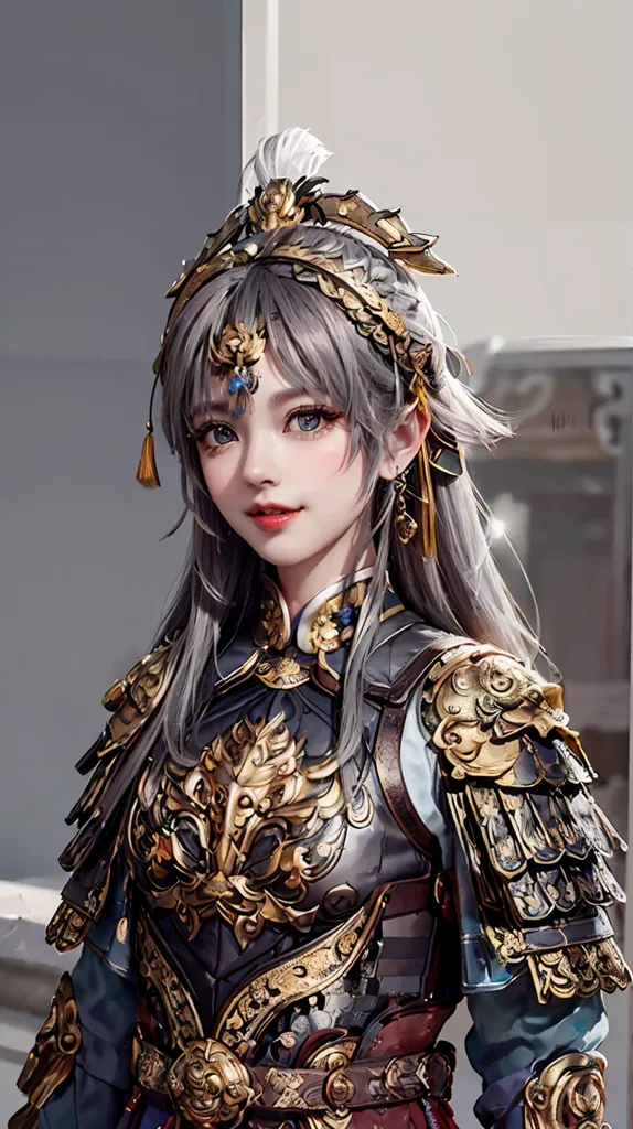 Ceci est une image d'une belle jeune femme vêtue d'une armure chinoise ancienne. Elle a de longs cheveux argentés et des yeux bleus. Elle porte une cuirasse argentée et dorée avec une écharpe rouge et une longue jupe fendue sur une jambe. Elle porte également un casque avec une longue plume et une paire de bottes. Elle se tient dans une pose confiante, une main sur la hanche et l'autre tenant une épée.