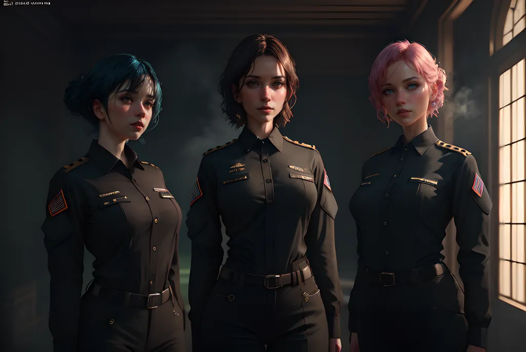 The image shows three women in black police uniforms. They are all looking at the camera. The woman in the middle has short brown hair, and the woman to the left of her has short blue hair. The woman to the right of the woman in the middle has pink hair. They are all wearing black shirts with gold buttons and black pants. They are all also wearing black belts and ties. The woman in the middle has a gun in her hand. The woman to the left of her has a baton in her hand. The woman to the right of the woman in the middle has a taser in her hand. They are all standing in a dark room. There is a window in the background.