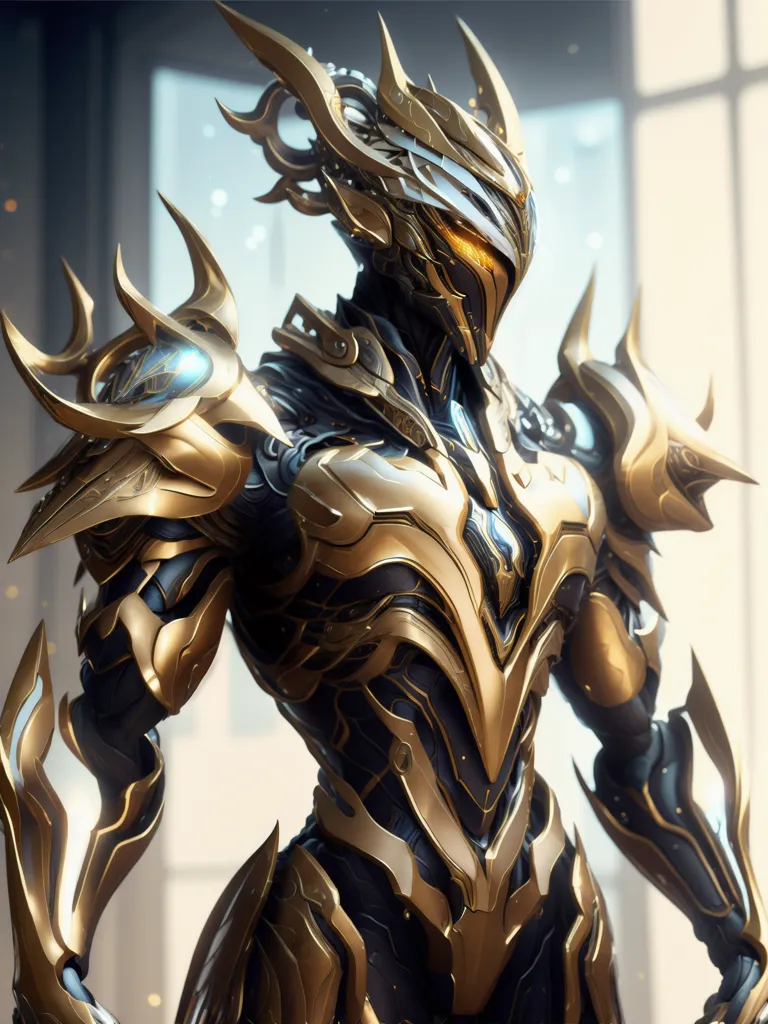 The image is a 3D rendering of a golden and black knight in futuristic armor. The knight is standing in a white room with large windows. The knight is muscular and has a large, ornate helmet with a visor. The knight's armor is made of gold and black metal and has several sharp points and edges. The knight is also wearing a cape.