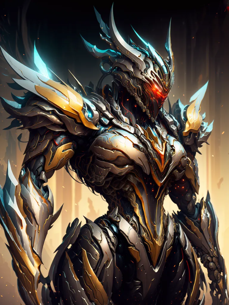 The image is a digital painting of a mecha, a large, armored robot. The mecha is mostly gray and brown, with some yellow and blue highlights. It has a large, horned head with a red visor, and its body is covered in sharp spikes and blades. The mecha is standing in a dark, fiery background, and it is surrounded by smoke and debris.