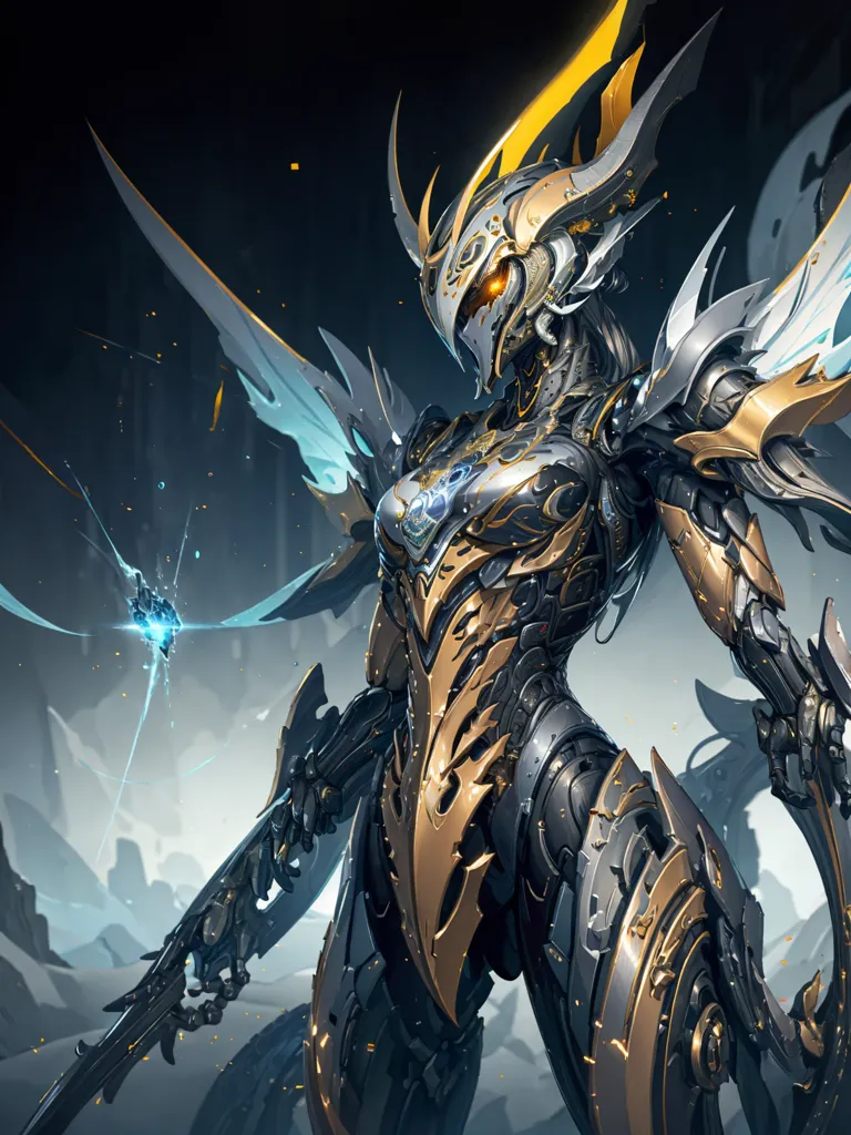 This is an image of a female warrior. She is wearing a technologically advanced suit of armor that covers her entire body. The armor is black and gold, with blue accents. The armor has several sharp points and edges, and it looks like it would be very effective in combat. The warrior also has a pair of wings, which are made of metal and look like they could be used for both flight and combat. The warrior is standing in a dark, snowy environment, and she is surrounded by several small, glowing blue creatures. The warrior is holding a weapon in her right hand, and it looks like she is ready to attack.