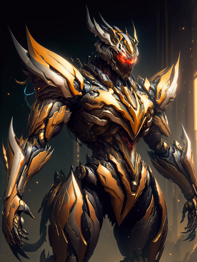 The image is a dark, detailed rendering of a golden robot. The robot has a horned helmet with a red visor, and its body is covered in intricate armor. It has large, clawed hands and feet, and its back is adorned with a pair of wings. The robot is standing in a dark, smoky room, and there is a bright light shining from behind it. The image is very detailed, and the robot's armor is rendered in great detail.