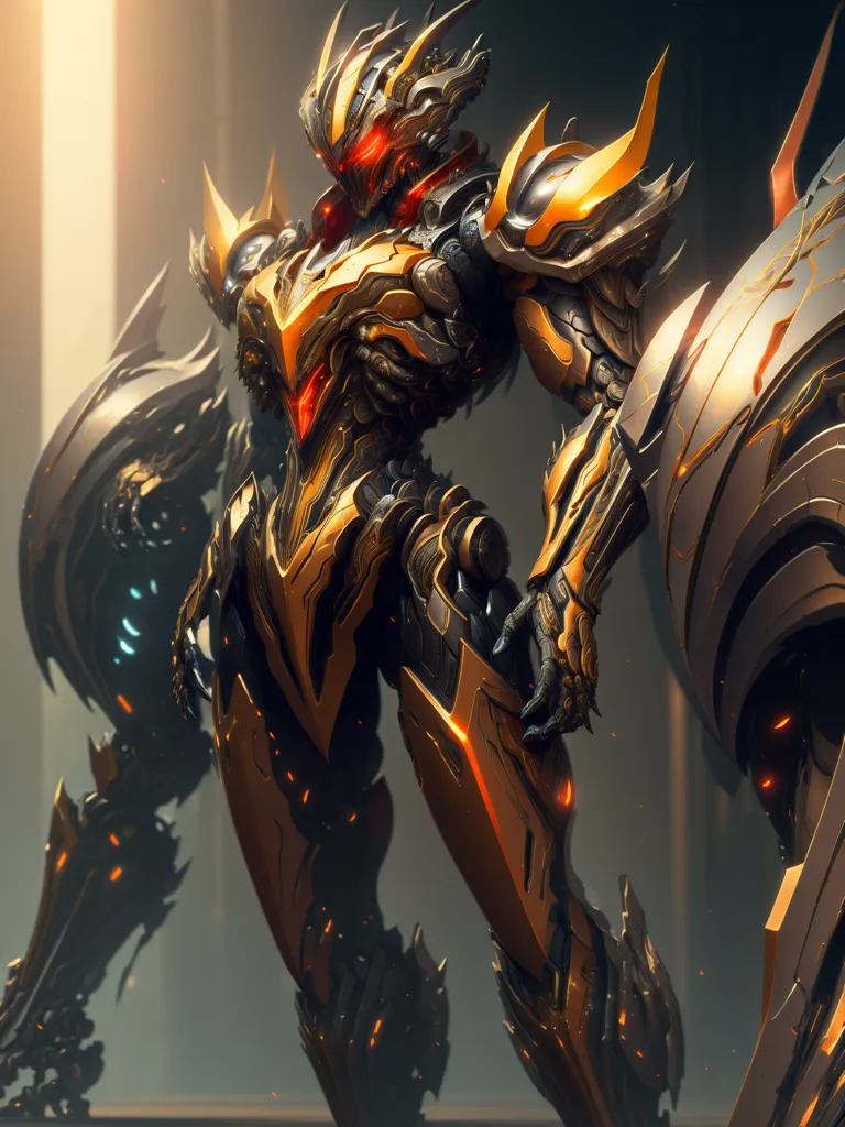 The image is a digital painting of a robot. The robot is made of gold and black metal, and it has a sleek, aerodynamic design. It is standing in a dark room, and there is a bright light shining on it from the left side of the image. The light is reflecting off of the robot's metal surface, and it is making the robot look even more shiny and impressive. The robot is also very tall, and it is standing in a very powerful pose. It looks like it is ready to attack, and it is clear that it would be a very formidable opponent.