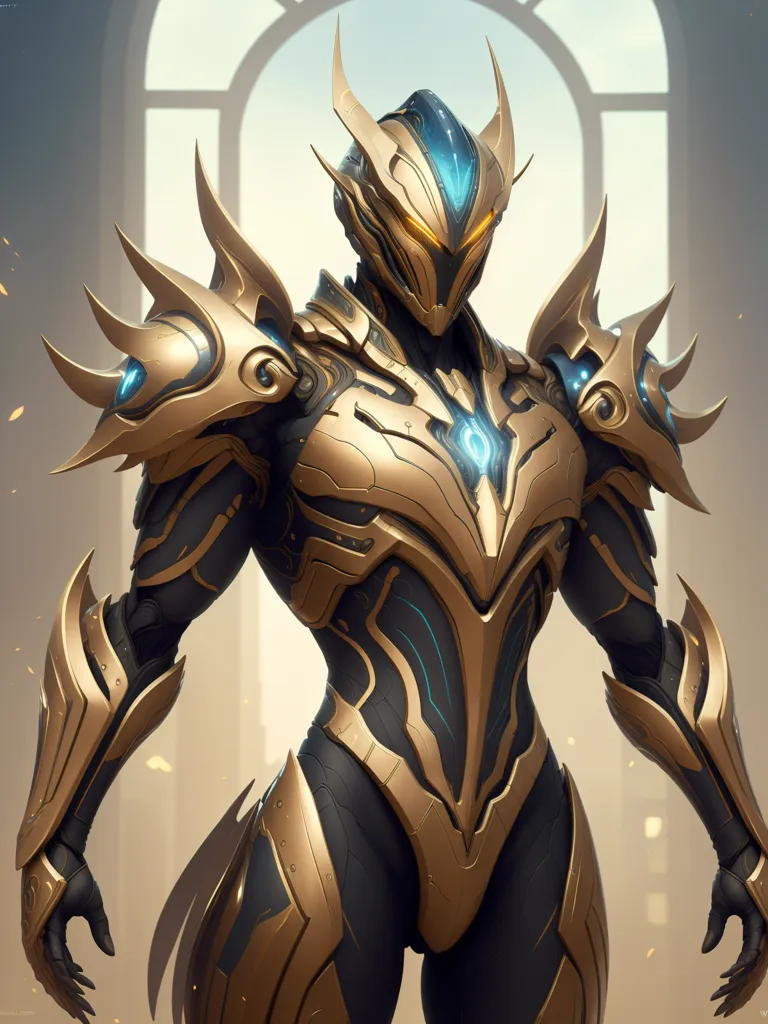 The image is of a person in a golden and black futuristic armor suit. The armor has a lot of sharp edges and points, and there is a blue crystal embedded in the chest. The person's face is not visible, as it is covered by a helmet with a visor. There is a bright light coming from behind the person, which is casting shadows over the armor.