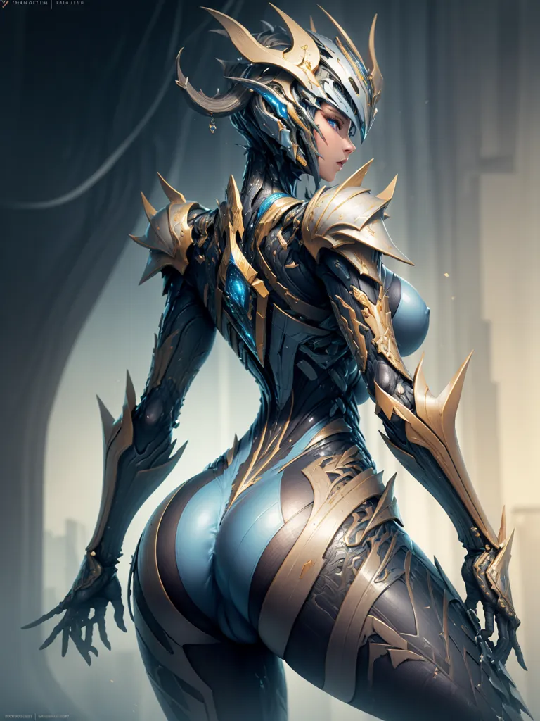 A imagem mostra uma mulher vestindo um body azul e dourado. O body parece ser feito de algum tipo de metal ou outro material rígido. A mulher está de costas para o observador, e sua cabeça está virada de lado para que possamos ver seu rosto. Ela tem cabelos loiros curtos e olhos azuis. Sua expressão é de determinação e foco.