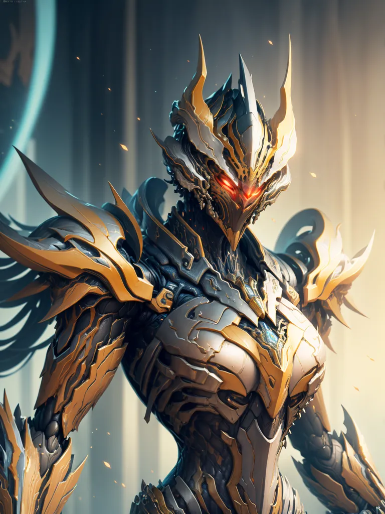 This is an image of a female warrior. She is wearing a golden and silver armor. The armor has a lot of details and looks very futuristic. The warrior's face is mostly covered by the helmet, but her eyes are visible. Her eyes are glowing red. She has long black hair. She is standing in a fighting stance.