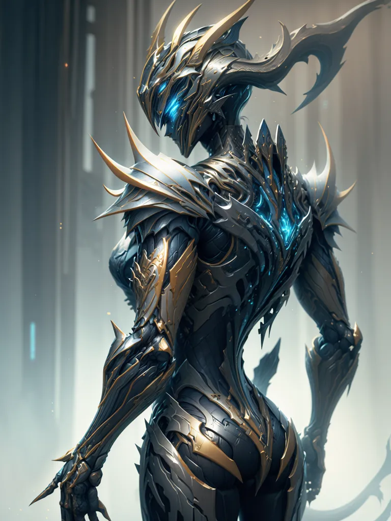 The image is a depiction of a female warrior in a futuristic suit of armor. The armor is black and gold, with blue lights glowing from within. The warrior is standing with her back to the viewer, her head turned slightly to the side. She is holding a weapon of some kind in her right hand. The background is a blur of light and dark colors.