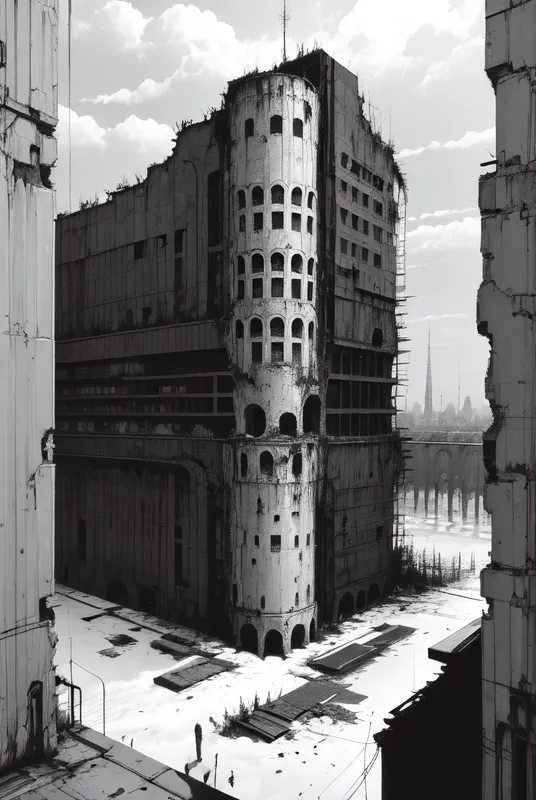 The image is in black and white. It shows a ruined city. There is a tall building in the center of the image. The building is surrounded by rubble. There are no people in the image. The image is very detailed. You can see the cracks in the walls of the building and the rubble on the ground.