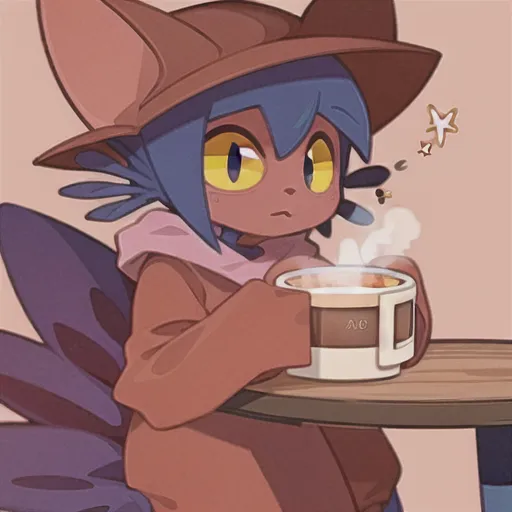 Esta es una imagen de una criatura similar a un gato con cabello azul y ojos amarillos. Está usando un sombrero marrón y una bufanda marrón. Está sentado en una mesa y sosteniendo una taza de café. Hay una pequeña estrella junto a su cabeza.