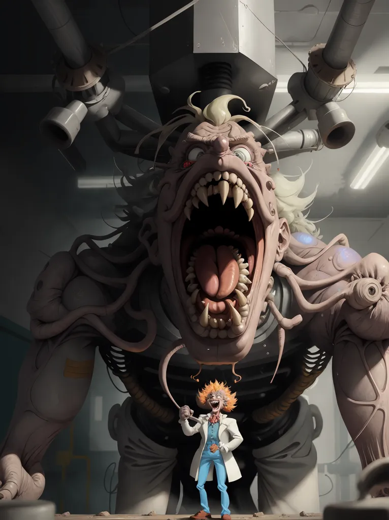 The image shows a mad scientist in a white coat standing in front of a large, monstrous creature. The creature has a gaping mouth filled with sharp teeth, and its body is covered in strange, fleshy growths. The scientist is holding a strange device, and he has a look of ecstasy on his face. The background of the image is a dark, industrial setting, with pipes and machinery visible