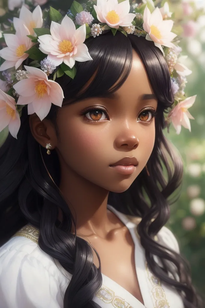 Esta imagen muestra a una niña joven, que parece ser una adolescente, con piel morena oscura y ojos marrones oscuros. Lleva una corona de flores blancas y rosas. La corona está hecha de lirios y otras pequeñas flores blancas. Lleva un vestido blanco con escote de corazón. El vestido está ribeteado con dorado. Mira al espectador con una expresión seria. Tiene una marca de belleza en la mejilla derecha.