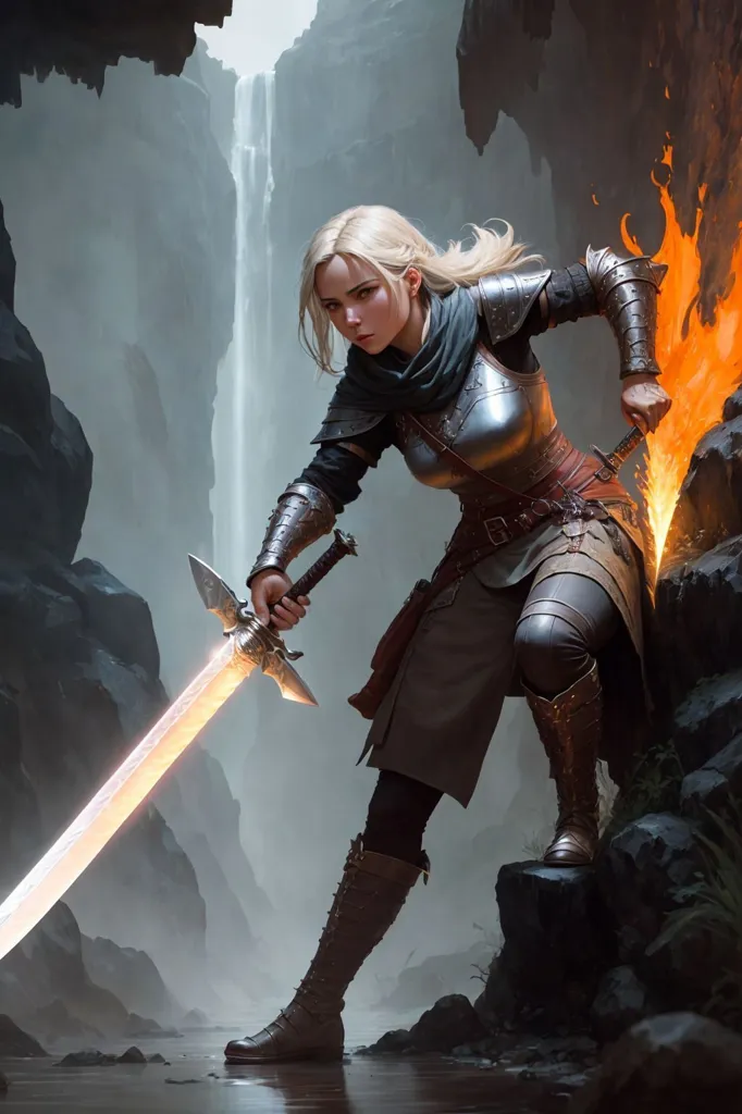 The image shows a woman in medieval armor standing in a dark cave. She is holding a sword in each hand. The swords are both glowing. The woman is wearing a chainmail shirt and a leather skirt. She has a scarf around her neck and her hair is flowing in the wind. The cave is dark and there is a waterfall in the background.