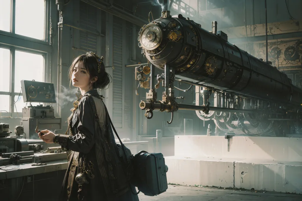 The image is a steampunk style illustration of a young woman standing in a workshop. She is wearing a long black dress with a white collar and a brown leather apron. She has a pair of goggles on her head and is smoking a cigarette. In the background, there is a large steampunk machine with a clock on it.