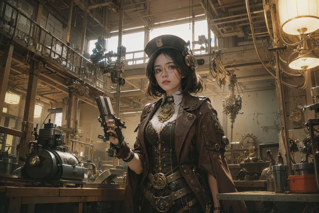 This is a picture of a young woman standing in a steampunk setting. She is wearing a brown leather jacket, a white shirt, and a brown hat. She has a gun in her hand and is looking at the camera. There are many machines and gadgets around her.