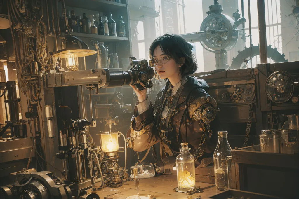 La imagen tiene un estilo steampunk. Una mujer joven está mirando a través de un telescopio. Lleva una chaqueta de cuero marrón y gafas. Hay muchas máquinas y artilugios en el fondo.