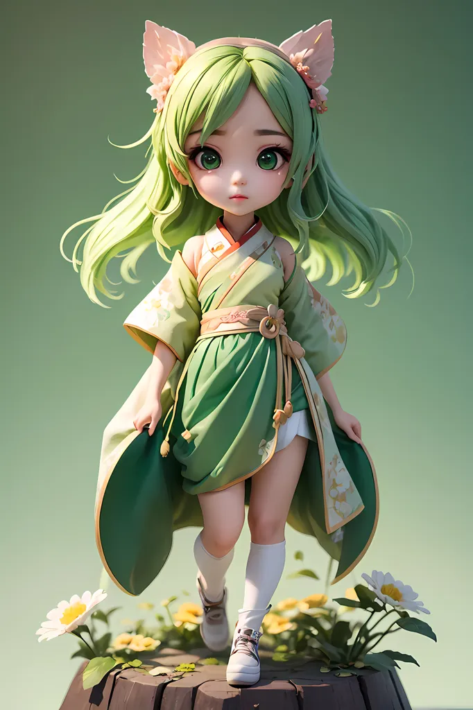 The image is a 3D rendering of a chibi character. She has long green hair, green eyes, and cat ears. She is wearing a green kimono with a white obi and white socks. She is also wearing a pair of sneakers. She is standing on a wooden platform, surrounded by white and yellow flowers. The background is a gradient of green.