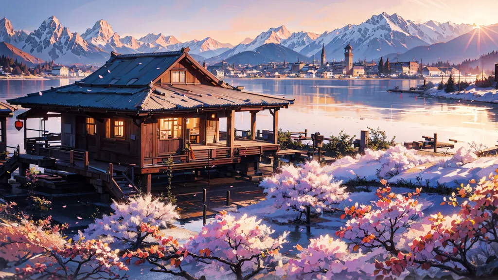 The image is a beautiful landscape of a Japanese village. The village is located on a lake surrounded by snow-capped mountains. The houses in the village are made of wood and have traditional Japanese architecture. The trees in the village are cherry blossoms, and they are in full bloom. There is a light snow on the ground. The image is peaceful and serene, and it captures the beauty of the Japanese countryside.