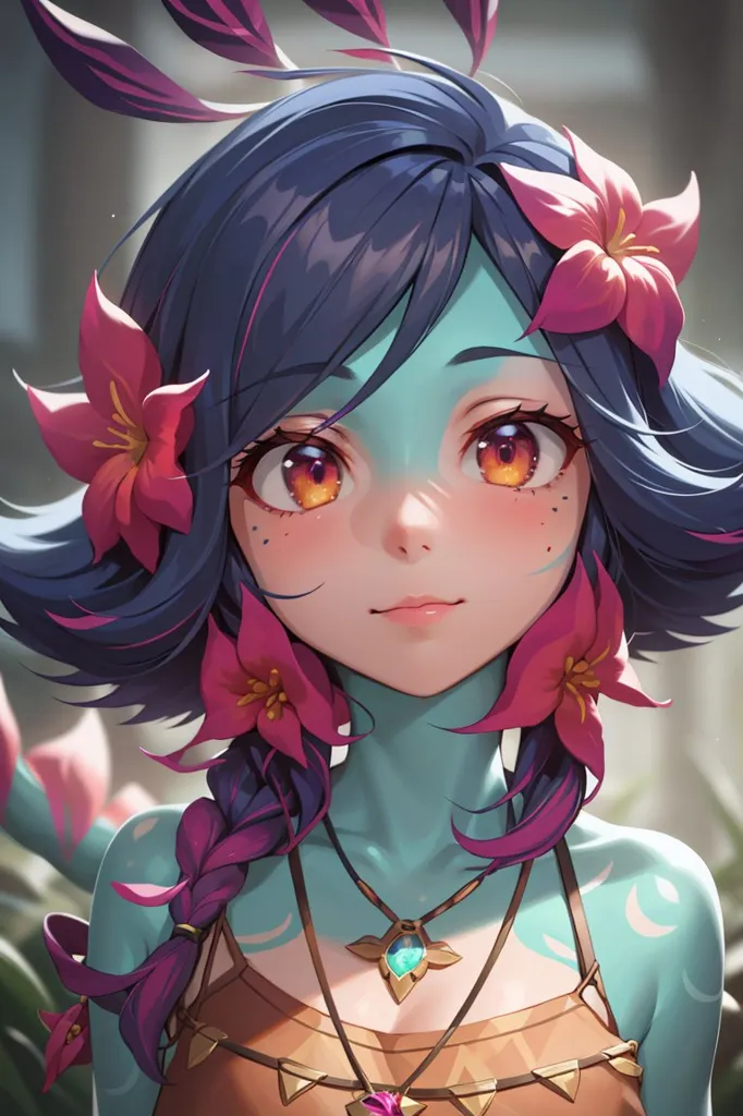 The image is a portrait of a young woman with blue hair and purple eyes. She has light blue skin and is wearing a brown and white outfit. There are pink flowers in her hair and around her neck. She has a friendly expression on her face and is looking at the viewer. The background is blurred and is a light blue color.