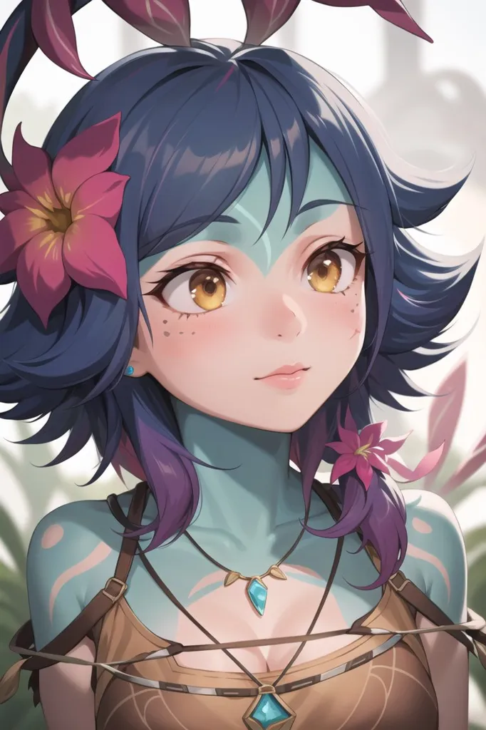 This is an image of a woman with blue hair and yellow eyes. She has purple markings on her face and neck. She is wearing a brown and blue outfit and has a flower in her hair. She is standing in front of a white background with a plant in the foreground.