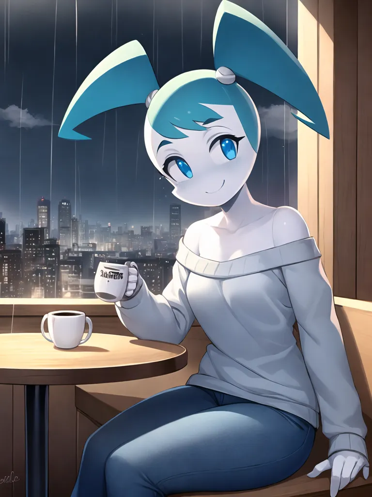 The picture shows a robot girl with blue hair and pigtails. She is wearing a white sweater and blue jeans. She is sitting at a table in a cafe, drinking from a coffee cup. There is a cityscape outside the window behind her.