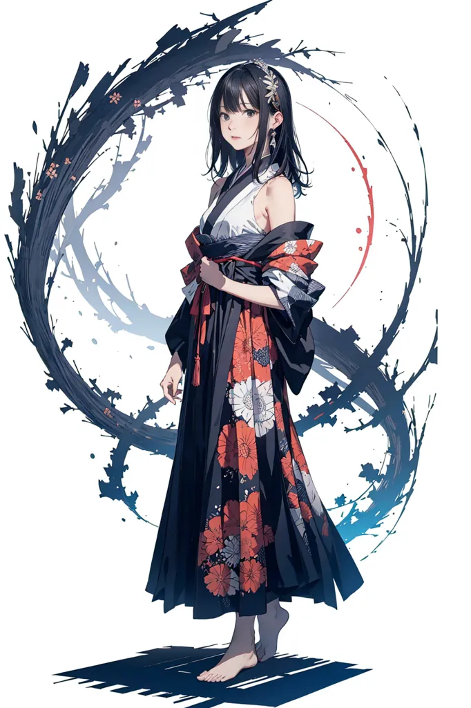 The image is of a young woman, with long black hair, wearing a black kimono with red and white floral designs. The kimono is tied with a red and white obi sash. The woman is barefoot. There is a large black circle behind her that resembles a splash-ink painting technique.