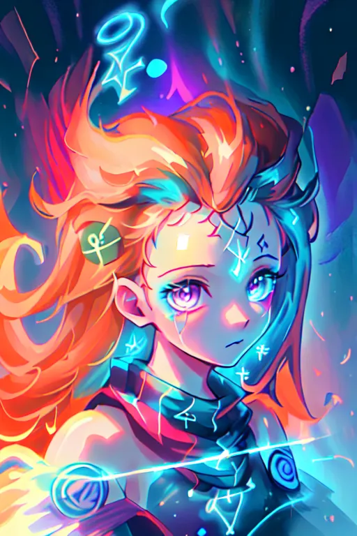 The image is a portrait of a young woman with long, flowing orange hair. She has blue eyes and is wearing a black and blue outfit. She is surrounded by a bright, colorful background with glowing blue symbols. The overall aesthetic of the image is anime-inspired.