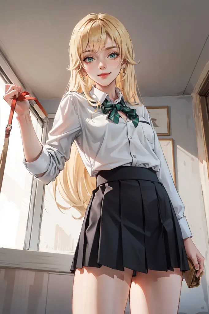 The image depicts a young woman with long blonde hair and green eyes. She is wearing a white blouse, a black pleated skirt, and a green bow tie. She is holding a leash in her right hand and has a wallet in her left hand. She is standing in a room with white walls and a wooden door.