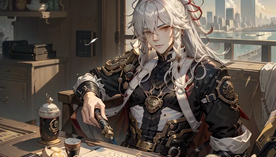 This is an image of a man with long white hair and red eyes. He is wearing a black and gold outfit with a white cravat. He is sitting at a desk with a quill in his hand and a map in front of him. There is a window to his right showing a cityscape.