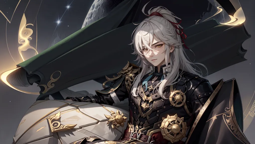 This is an image of a young man with long white hair and golden eyes. He is wearing a black and gold outfit with a white cape. He is sitting on a crescent moon and there are stars and a larger moon in the background.