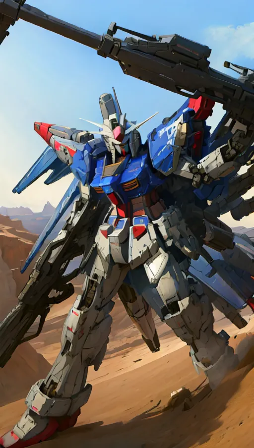 The image shows a robot standing in the desert. The robot is blue and white and has a large gun in its right hand. It is also carrying a shield on its left arm. The robot is standing on a rocky surface and there are mountains in the background. The sky is blue and there are clouds in the distance.