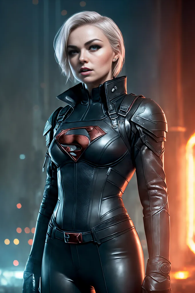 The image shows a woman with short blonde hair. She is wearing a black leather suit with a red and yellow symbol on the chest. The suit has silver accents and there is a red belt around her waist. She is looking at the viewer with a serious expression. There is a blurred background with bright lights.