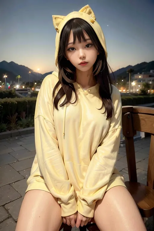 Gambar ini menunjukkan seorang wanita muda yang duduk di kursi di luar ruangan. Dia mengenakan hoodie kuning dengan telinga kucing di tudungnya. Hoodie itu kebesaran dan terlihat sangat nyaman. Wanita itu memiliki rambut gelap panjang dan poni. Kulitnya putih dan mulus. Dia menatap kamera dengan senyum malu-malu di wajahnya. Latar belakang gambar ini buram, tetapi tampaknya ada gunung-gunung di kejauhan. Gambar ini diambil saat matahari terbenam dan langit merupakan gradien warna oranye dan kuning.