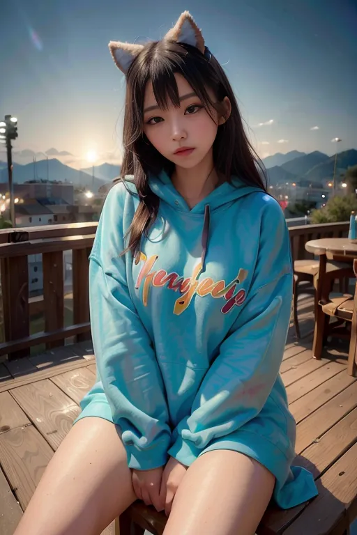 The image shows a young woman sitting on a wooden railing outdoors. She is wearing a blue oversized hoodie with the word "NewJeans" written on it in rainbow letters. She also has cat ears on her head and her long dark hair is flowing down her shoulders. She is looking at the camera with a serious expression. The background is a mountainous landscape with a blue sky and white clouds.