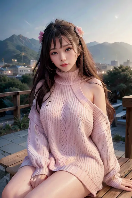 The image shows a young woman with long brown hair and pink eyes. She is wearing a pink off-the-shoulder sweater and a white skirt. She is sitting on a bench in an outdoor setting, with a mountain landscape in the background. The woman is looking at the camera with a slight smile on her face.