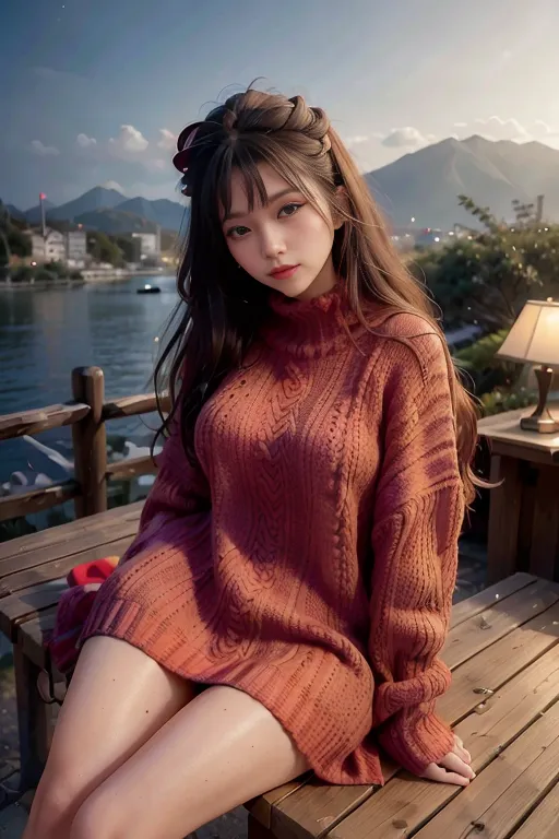 The photo shows a young woman sitting on a wooden bench near a lake. She is wearing a brown turtleneck sweater dress. The dress is loose-fitting and it shows off her curves. She has long brown hair that is styled in a half-up, half-down hairstyle. Her bangs are swept to the side and she is wearing a brown headband with a red bow. She is also wearing brown boots. The woman is sitting with her legs crossed and she has her hands resting on her lap. She is looking at the camera with a serious expression. In the background, there is a lake and some mountains. The water in the lake is calm and there are some trees on the shore. The mountains are in the distance and they are covered in snow.