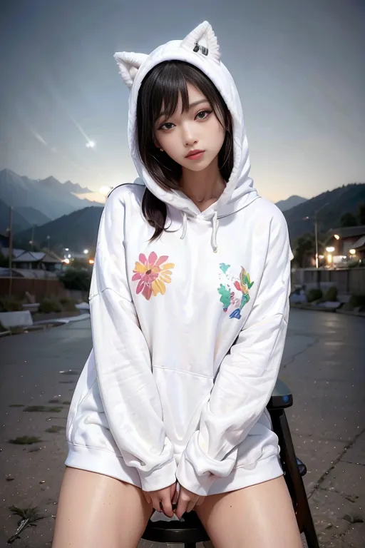 The image shows a young woman wearing a white hoodie with a floral design on the front. She has cat ears on her hood and is sitting on a stool in an urban setting. The background is blurry, with mountains in the distance. The woman is looking at the camera with a serious expression.