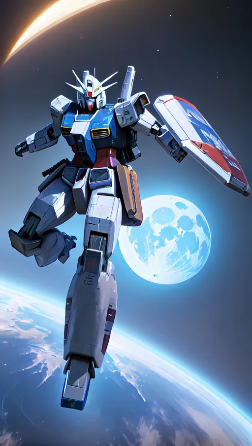 The image shows a giant robot, called a Gundam, in space. The Gundam is white and blue with red and yellow accents. It has a large shield on its left arm and a gun in its right hand. The Gundam is flying towards the viewer with a determined look on its face. In the background, there is a planet and a moon.