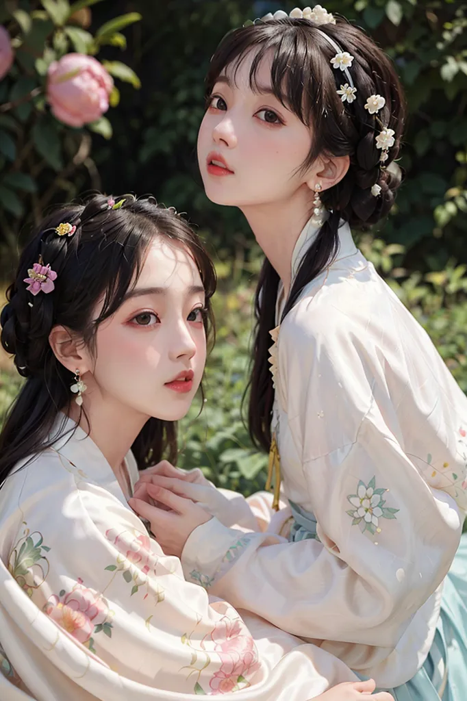 Esta imagem mostra duas jovens vestidas com roupas tradicionais chinesas. A mulher da esquerda está usando um hanfu floral branco e rosa com uma flor rosa no cabelo. A mulher da direita está usando um hanfu branco e azul com uma flor branca no cabelo. Ambas as mulheres têm cabelos longos e escuros e estão usando maquiagem leve. Elas estão em pé em um jardim com plantas verdes e flores rosas ao fundo.