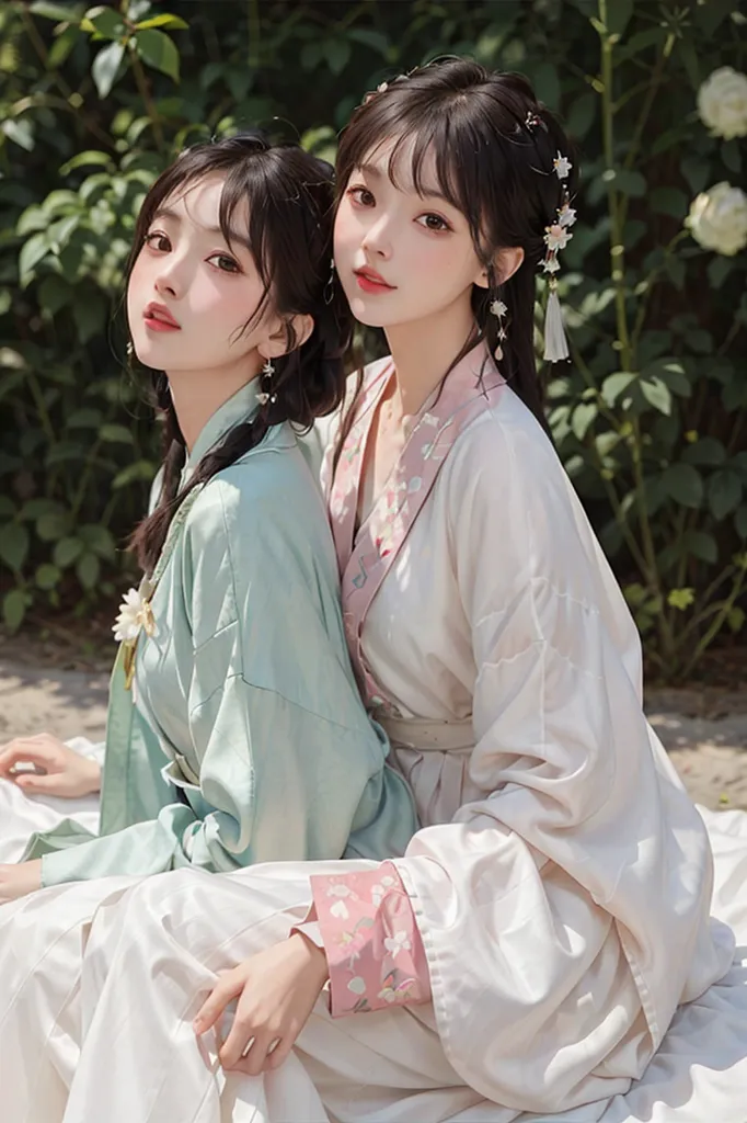 A imagem mostra duas mulheres jovens vestindo roupas tradicionais chinesas, sentadas em um banco de pedra em um jardim. A mulher da esquerda está usando uma túnica verde-clara com detalhes brancos. A mulher da direita está usando uma túnica branca com detalhes rosa. Ambas as mulheres têm cabelos longos e escuros e estão usando penteados tradicionais chineses. Elas estão olhando para a câmera com expressões sérias.